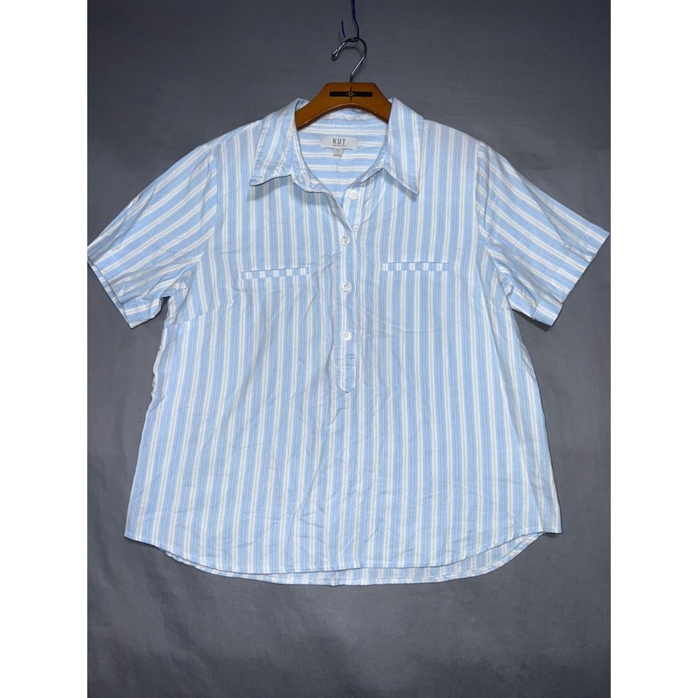 Kut from the Kloth Womens Blue White Striped Short Sleeve Button Down Top Size M